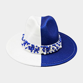 Pearl Embellished Band Pointed Color Block Fedora Hat