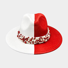 Pearl Embellished Band Pointed Color Block Fedora Hat