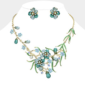 Stone Pointed Colored Metal Flower Vine Bib Necklace