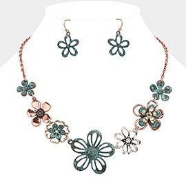 Stone Pointed Western Meatal Flower Link Necklace