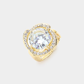 Round Stone Pointed Rhinestone Paved Flower Stretch Ring