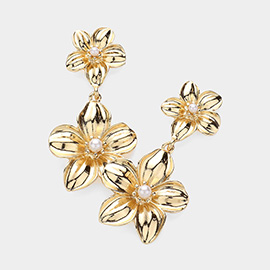 Pearl Pointed Textured Metal Flower Dangle Earrings