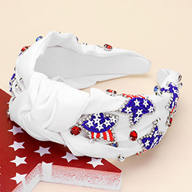 Seed Beaded American USA Flag Star Stone Cluster Embellished Knot Headband