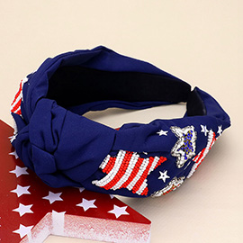 Seed Beaded American USA Flag Star Sequin Embellished Knot Headband