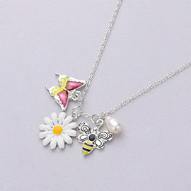 Butterfly Flower Honey Bee Pearl Pendant Necklace