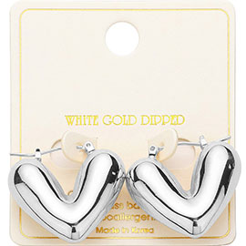 White Gold Dipped Puffed Heart Pin Catch Earrings