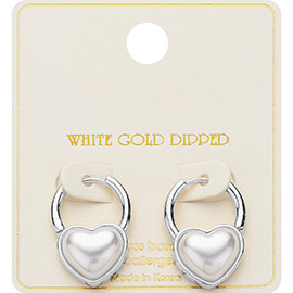 White Gold Dipped Pearl Heart Huggie Earrings