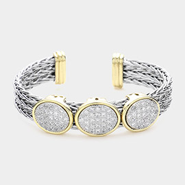 14K Gold Plated CZ Stone Paved Triple Oval Pointed Braided Metal Cuff Bracelet
