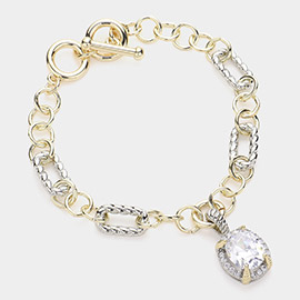 Oval CZ Stone Charm Pointed 14K Gold Plated Two Tone Chain Bracelet