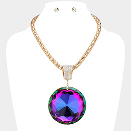 Oversized Round Glass Stone Pendant Pointed Necklace