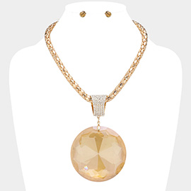 Oversized Round Glass Stone Pendant Pointed Necklace