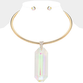 Oversized Long Octagon Shaped Glass Stone Pointed Adjustable Snake Chain Necklace
