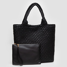 Faux Leather Braided Top Handle Tote Bag with Pouch