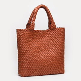 Faux Leather Braided Top Handle Tote Bag with Pouch