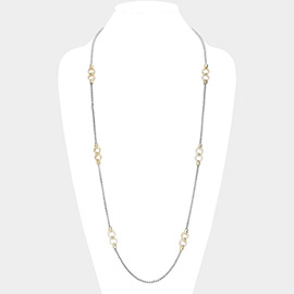 14K Gold Dipped Two Tone CZ Stone Paved Double O Station Long Necklace