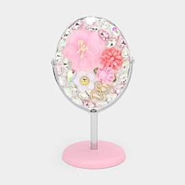 Flower Pearl Stone Embellished Oval Shaped Makeup Tabletop Swivel Mirror
