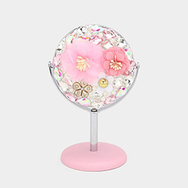 Flower Pearl Stone Embellished Makeup Tabletop Swivel Mirror
