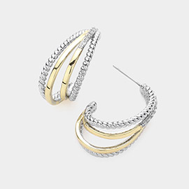 14K Gold Plated Two Tone CZ Stone Paced Split Hoop Earrings