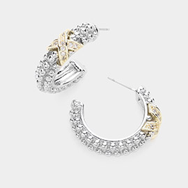 14K Gold Plated CZ Stone Paved Criss Cross Pointed Hoop Earrings