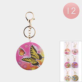 12PCS - Butterfly Printed Round Compact Mirror Keychains