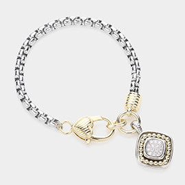 Two Tone 14K Gold Plated CZ Stone Paved Square Charm Bracelet
