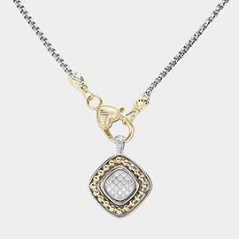 14K Gold Plated CZ Stone Paved Square Pendant Necklace