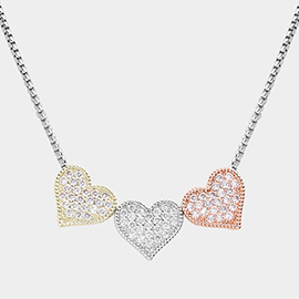 14K Gold Plated CZ Stone Paved Triple Heart Pendant Necklace