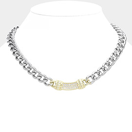 Two Tone 14K Gold Plated CZ Stone Paved Bar Pointed Chunky Chain Toggle Necklace