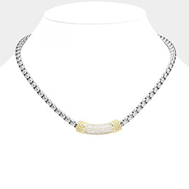 Two Tone 14K Gold Plated CZ Stone Paved Bar Pointed Necklace