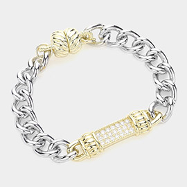Two Tone 14K Gold Plated CZ Stone Paved Bar Pointed Chain Magnetic Bracelet