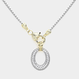 Two Tone 14K Gold Plated CZ Stone Paved Open Oval Pendant Necklace