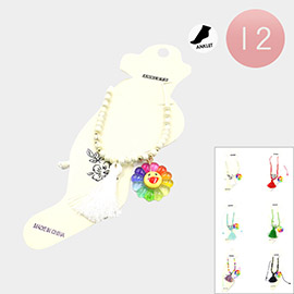 12PCS - Smile Flower Tassel Charm Pointed Beaded Adjustable Cinch Pull Tie Anklets