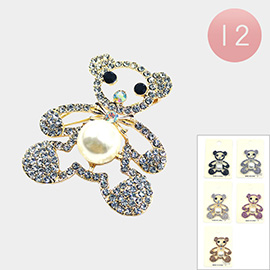 12PCS - Pearl Pointed Stone Paved Bear Pin Brooches