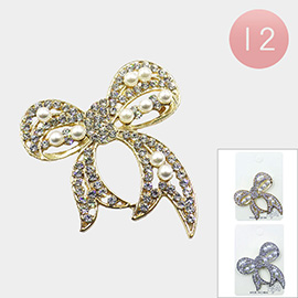 12PCS - Pearl Embellished Stone Paved Bow Pin Brooches
