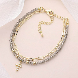 Stone Paved Cross Charm Pointed Beaded Metal Paper Clip Chain Layered Bracelet