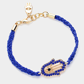 Stone Paved Evil Eye Hamsa Hand Pointed Raffia Braided Bracelet