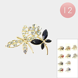 12PCS - Stone Embellished Flower Dragonfly Pin Brooches