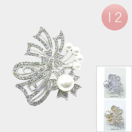 12PCS - Pearl Pointed Stone Paved Flower Bow Pin Brooches