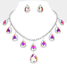 Teardrop Glass Stone Cluster Station Evening Necklace