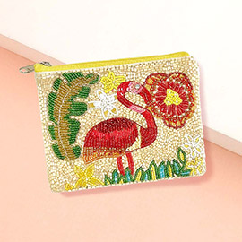Flamingo Flower Tropical Leaf Sequin Seed Beaded Mini Pouch Bag