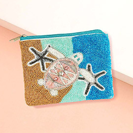 Stone Cluster Pointed Sea Turtle Starfish Seed Beaded Mini Pouch Bag