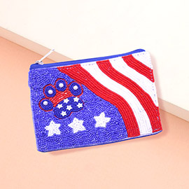 Pearl Pointed Paw American USA Flag Pattern Seed Beaded Mini Pouch Bag