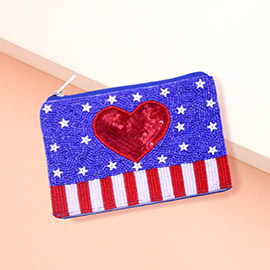 Sequin Heart Pointed American USA Flag Star Pattern Seed Beaded Mini Pouch Bag