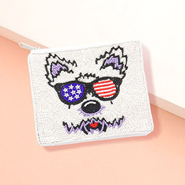 Sequin Beaded American USA Puppy Face Pointed Seed Beaded Mini Pouch Bag