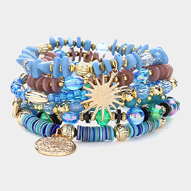 7PCS - Metal Dragonfly Starburst Acorn Charm Pointed Various Beads Beaded Stretch Multi Layered Bracelet