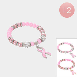 12PCS - Enamel Pink Ribbon Charm Pointed Faceted Beaded Stretch Bracelets