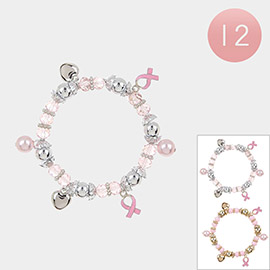 12PCS - Pink Ribbon Pearl Metal Heart Charm Station Beaded Stretch Bracelets