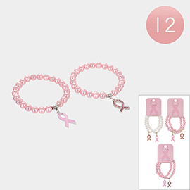 12 SET OF 2 - Pink Ribbon Charm Pearl Stretch Bracelets