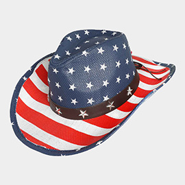 Star Stud Faux Leather Band Pointed American USA Flag
Printed Cowboy Hat 