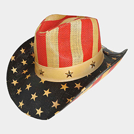 Star Stud Band Pointed American USA Flag Printed Cowboy Fedora Hat
